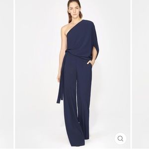 Halston one-shoulder navy blue jumpsuit wide leg